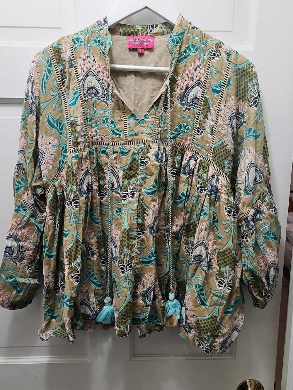 Kitsch Teal and Tan Floral Tassel Tunic